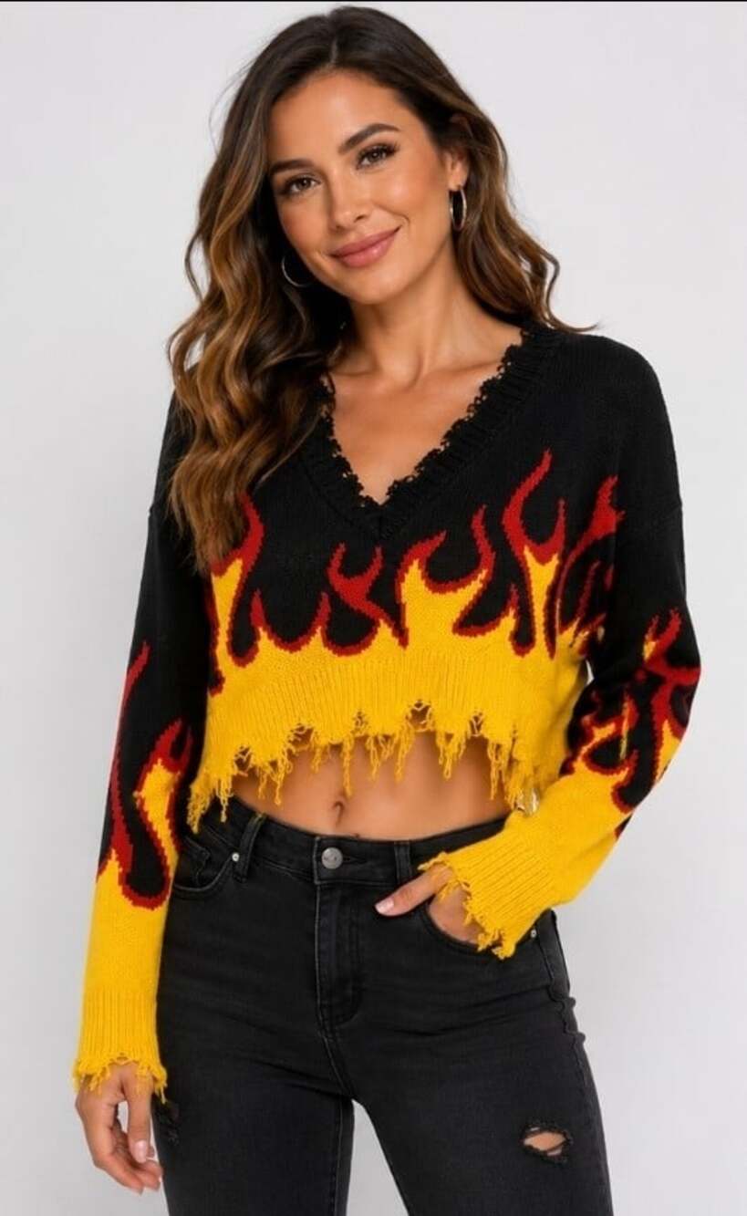 AKIRA Distressed Flame Cropped Knit Sweater Medium Excellent Black Yellow T80